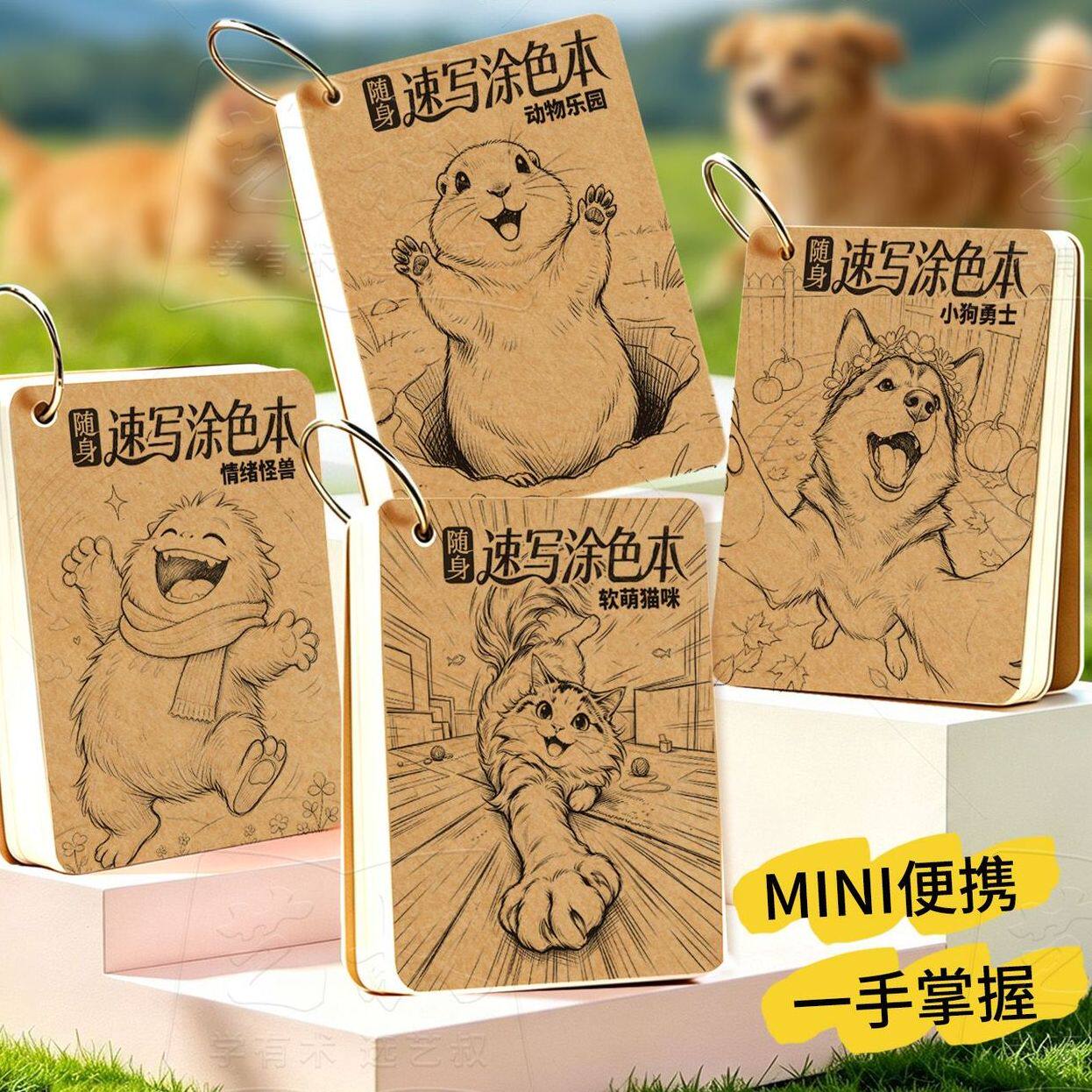 随身速写涂色本环扣活页萌宠动物线稿涂鸦本学生便携手绘临摹画册
