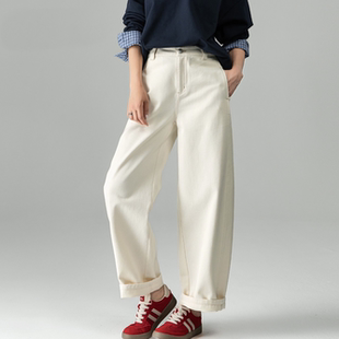 米白色牛仔裤阔腿裤宽松女裤2025新款秋冬梨型身材裤子休闲弯刀裤