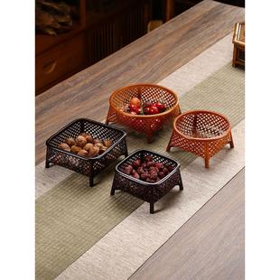 手工竹编果篮创意家用点心筐新中式复古茶点盘圆形收纳篓迷你竹筐