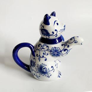 茶室 家用陶瓷水壶泡茶茶壶青花瓷陶壶大号单壶动物猫咪仿古中式