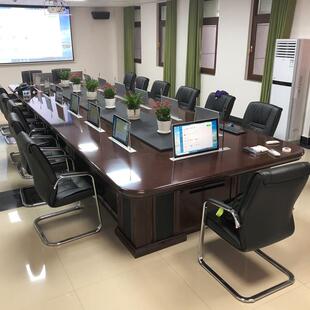 无纸化智能会议桌升降屏办公桌会议系统显示器大型实木烤漆长条桌