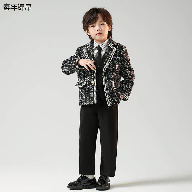 韩版小香风男童西装套装秋季新款儿童西服高级感男孩钢琴演出服装