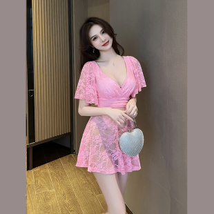 夜场KTV性感蕾丝吊带连衣裙夜店女装 显瘦深v领A字裙 酒吧大码 修身