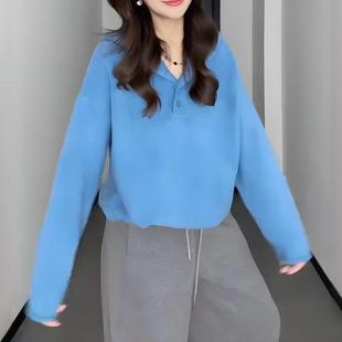 内搭上衣 大码 女装 显白蓝色连帽卫衣秋冬新款 胖mm显瘦宽松毛针织衫