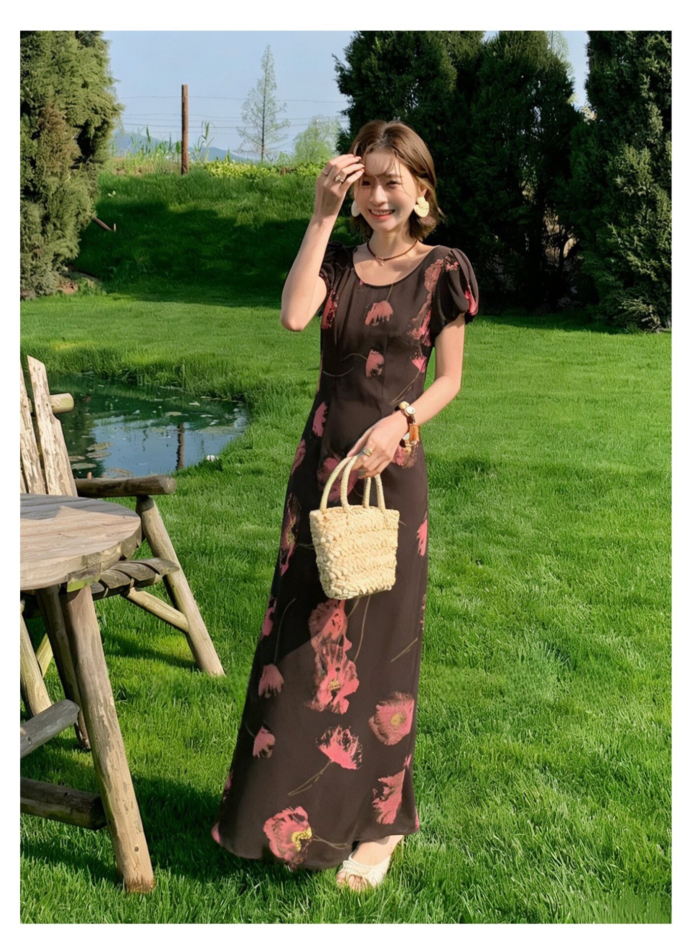 原创浪漫油画印花双绉100桑蚕丝真丝连衣裙女圆领泡泡袖修身长裙