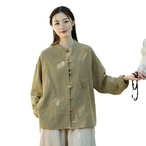 26春季新款棉麻女装文艺复古棉麻上衣衬衫女拼色盘扣对襟开衫外套