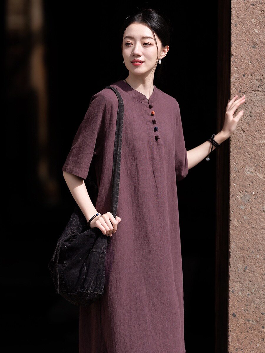 原创棉麻女装夏季新中式立领改良撞色盘扣长裙通勤旅游女式连衣裙