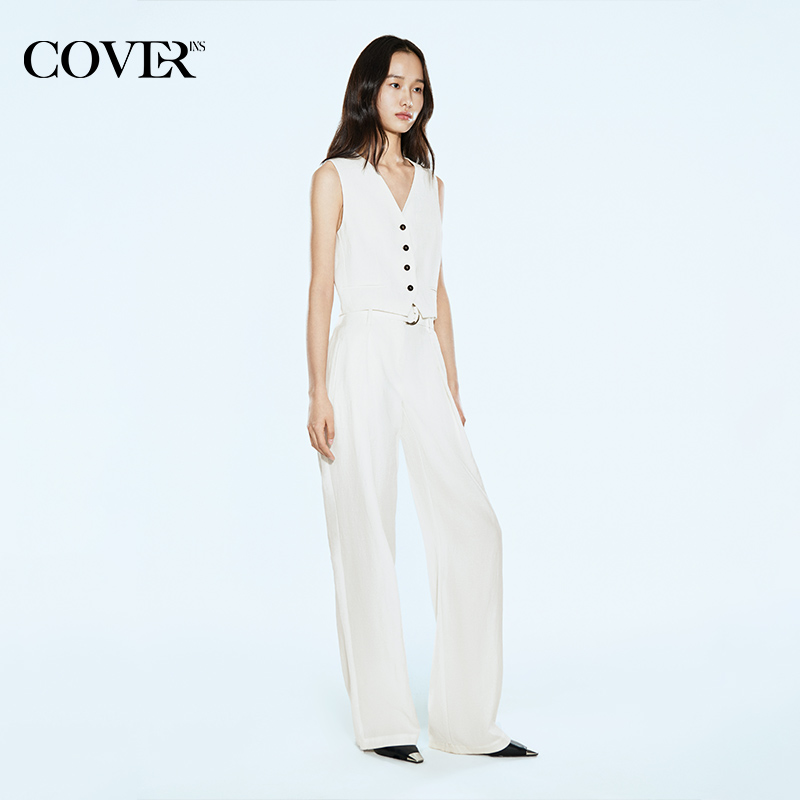 COVERINS2025夏季新款亚麻混纺v领西装马甲女/阔腿裤女长款