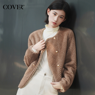 COVERINS冬季 圆领双排扣CC34510400 环保仿貂毛皮草外套女短款