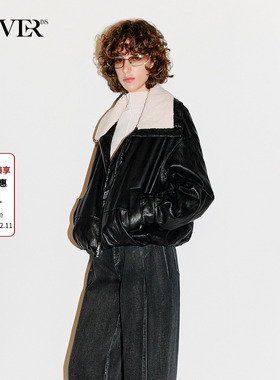 COVERINS黑色PU皮毛领皮衣外套女短款夹克2026春季新款CC36110200