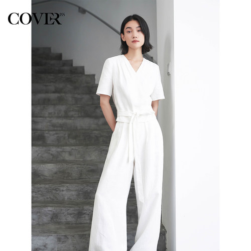 COVERINS白色汉麻短袖衬衫女设计感交叉系带上衣/阔腿裤35270410