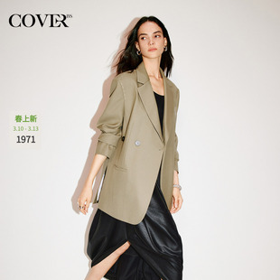 COVERINS橄榄绿宽肩羊毛西装外套女宽松2025冬季新款CC36110140