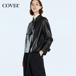 夹克 高级感真绵羊皮复古翻领皮衣外套短款 COVERINS 绵羊皮