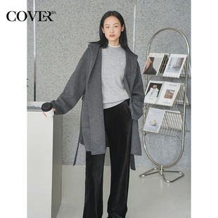 COVERINS羊毛羊绒双面呢连帽大衣外套女腰带中款 CC34510030 冬季