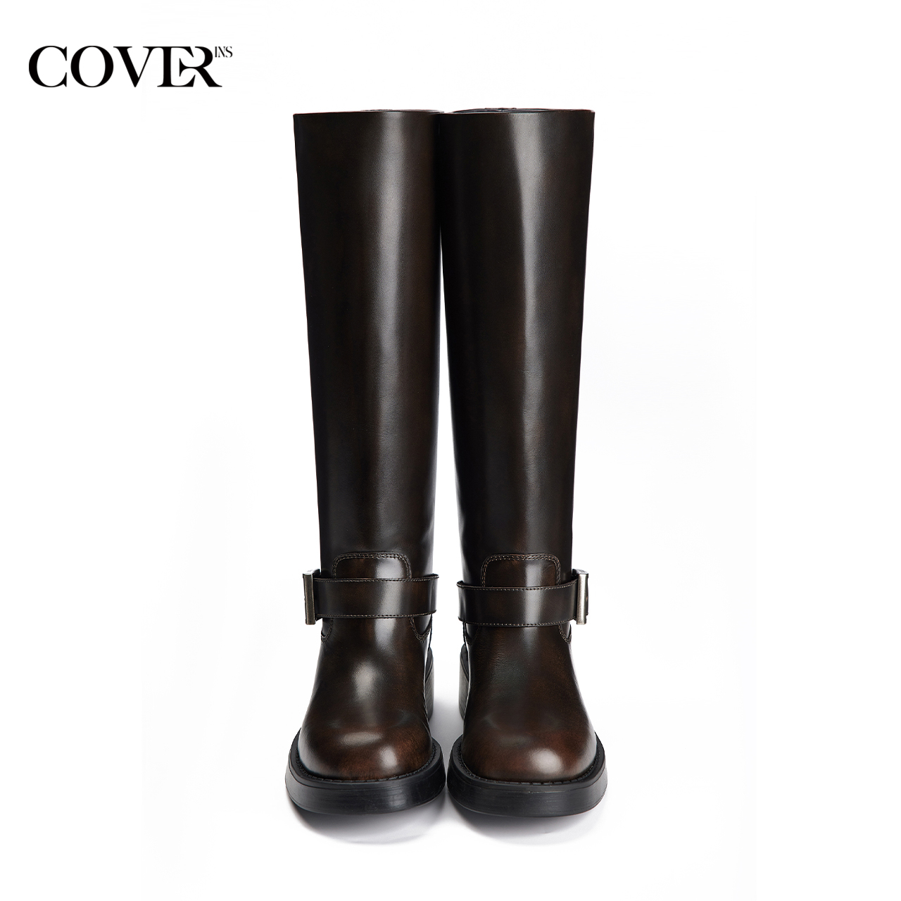 COVERINS2024年冬季新款深咖色牛皮革长筒靴女真皮粗跟骑士靴