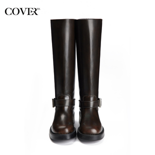 COVERINS2024年冬季 深咖色牛皮革长筒靴女真皮粗跟骑士靴 新款