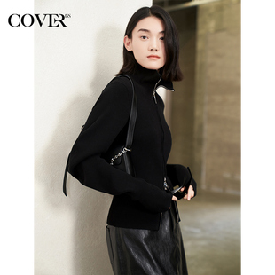双头拉链黑色针织开衫 小众设计弧形袖 女 新款 COVERINS2024年秋季
