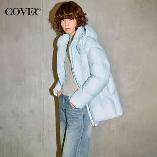 COVERINS浅蓝色鸭绒立领连帽面包羽绒服女2025冬季 CC35508160 新款