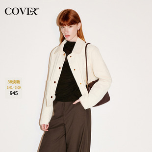 COVERINS米白色灯芯绒棉服外套女短款夹蚕丝羊毛夹克CC35308050