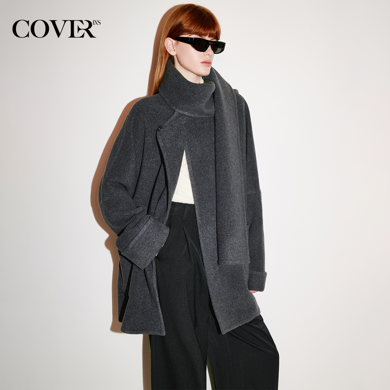 COVERINS可拆卸围巾羊毛羊绒大衣外套女中款2025冬新款CC35510070