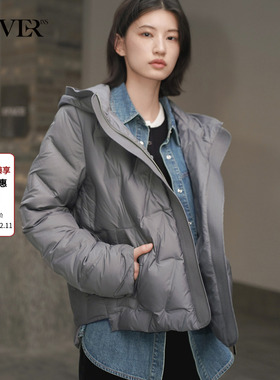 COVERINS灰色立领连帽鹅绒羽绒服女短款冬季CC34508150