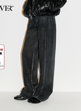 COVERINS黑色骨感牛仔裤女直筒阔腿裤2026春季新款CC36120120
