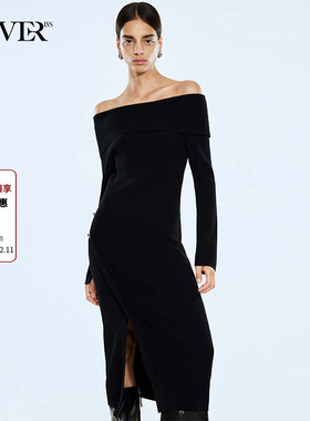 COVERINS黑色一字肩针织连衣裙修身开衩设计100羊毛CC34106030