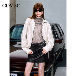 COVERINS绵羊皮短外套夹克女立领抽绳皮衣2025秋新款 CC35309050