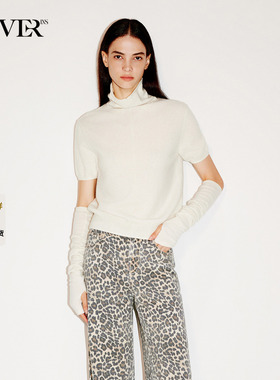 COVERINS米白色羊毛羊绒混纺高领短袖毛衣女带袖套CC35506060