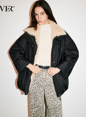 COVERINS黑色鹅绒可拆毛领花苞羽绒服女宽松2025冬新款CC35508270