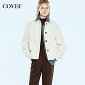 COVERINS白色100羊毛颗粒绒箱型翻领外套女宽松CC34510100