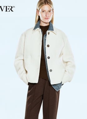 COVERINS白色100羊毛颗粒绒箱型翻领外套女宽松CC34510100
