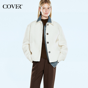 COVERINS2024年冬季 奶油白圈圈呢美丽诺羊毛短外套女翻领夹克 新款