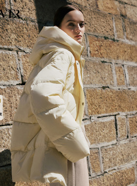 COVERINS浅黄色鹅绒连帽羽绒服女高克重白鹅绒CC34508230