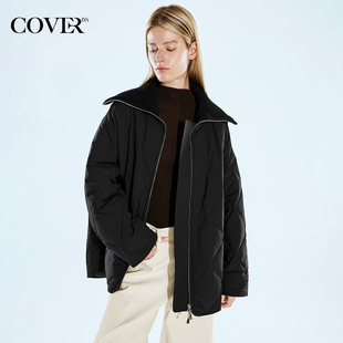 COVERINS宽松休闲风罗纹翻领双头拉链绗缝棉服外套女CC34308050