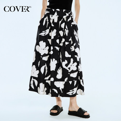 COVERINS黑白印花半身裙长款a字裙腰带设计棉质夏季CC34250150
