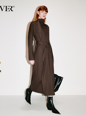 COVERINS围巾领收腰系带长袖连衣裙女长款2025秋新品CC35305140