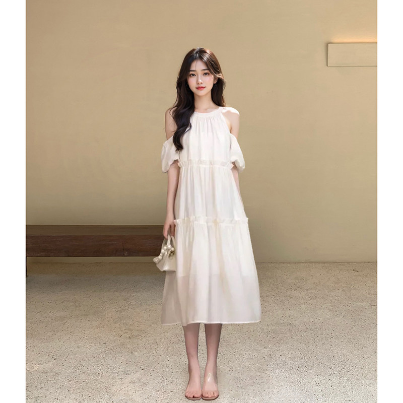 chic法式甜美设计感露肩挂脖无袖连衣裙女夏季新款宽松超仙女裙子