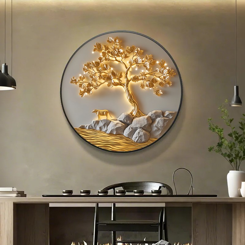 发财树轻奢LED灯圆形灯画入户玄D关装饰画走廊挂画现代玄关柜壁画图片