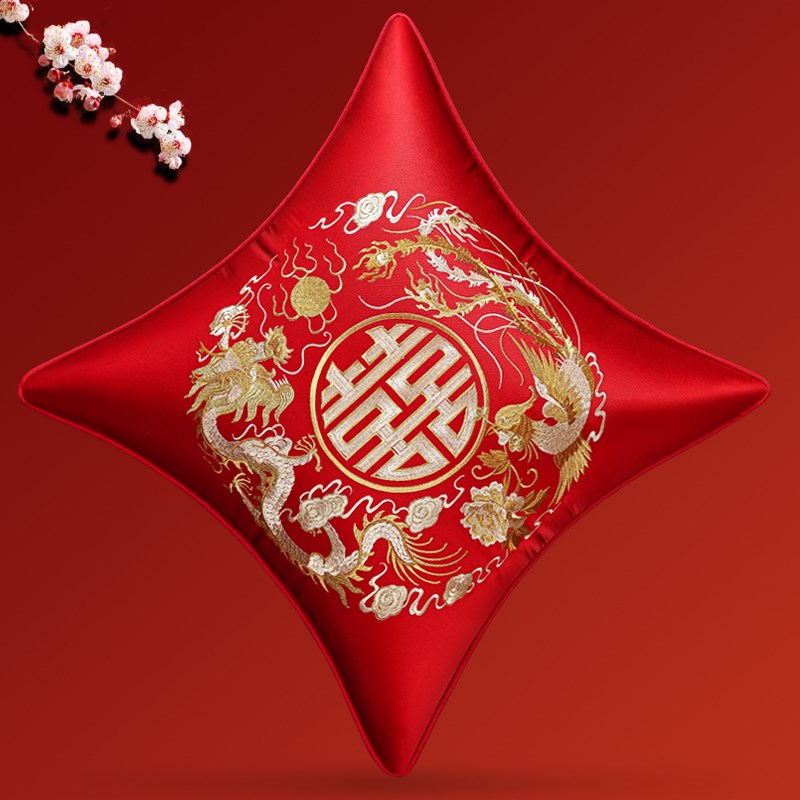 现货速发结婚抱枕一对婚庆婚房压床靠垫中式客厅红色刺绣喜字喜枕
