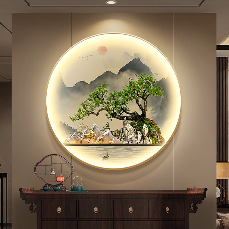 现货速发鸿运当头玄关装饰画新中式迎客松树走廊挂画山水圆形茶室图片