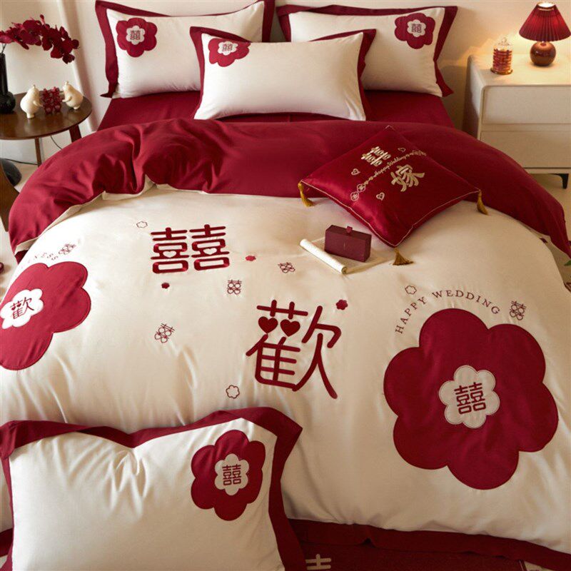 简约中式新款结婚四件套红色陪嫁被套床单高级感婚庆床上用品婚房
