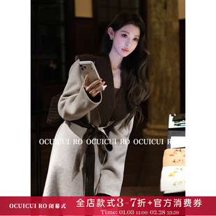 CUICUI崔崔【佩里月光】100澳毛复古翻领毛呢外套女长款绑带大衣