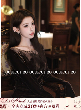 CUICUI崔崔【阑珊星光】秋季长袖黑色丝绒连衣裙女气质圆领小礼服