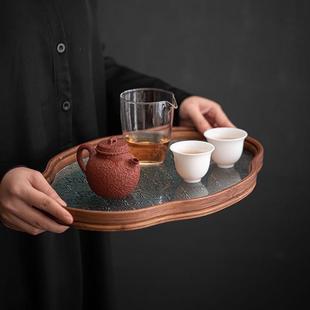 家用简约茶点盘茶具杯子收纳餐盘 竹制海棠花玻璃托盘小型茶盘中式