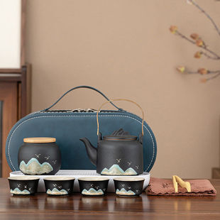 旅行茶具套装户外露营便携茶具黑陶快客杯一壶四杯收纳包商务礼品