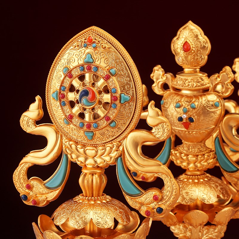 现货速发藏式八吉祥摆件复古鎏铜合金家用25cm吉祥八宝莲花法轮摩