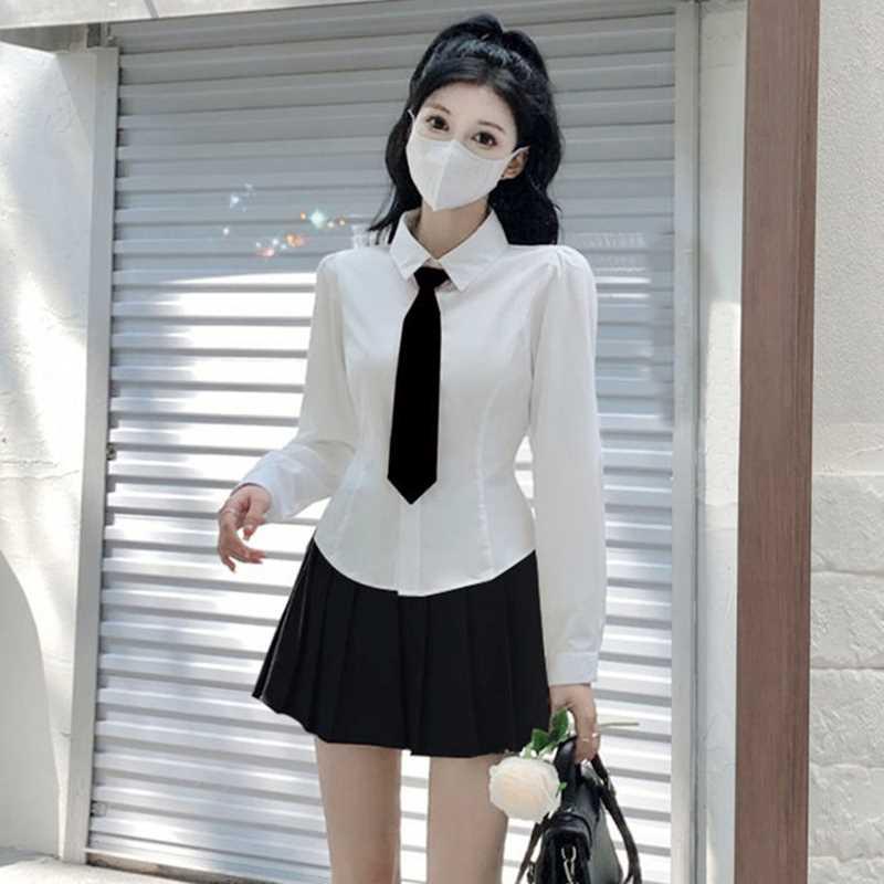 学院风韩系白色衬衫女jk制服长袖衬衣绑带收腰显瘦设计感小众上衣