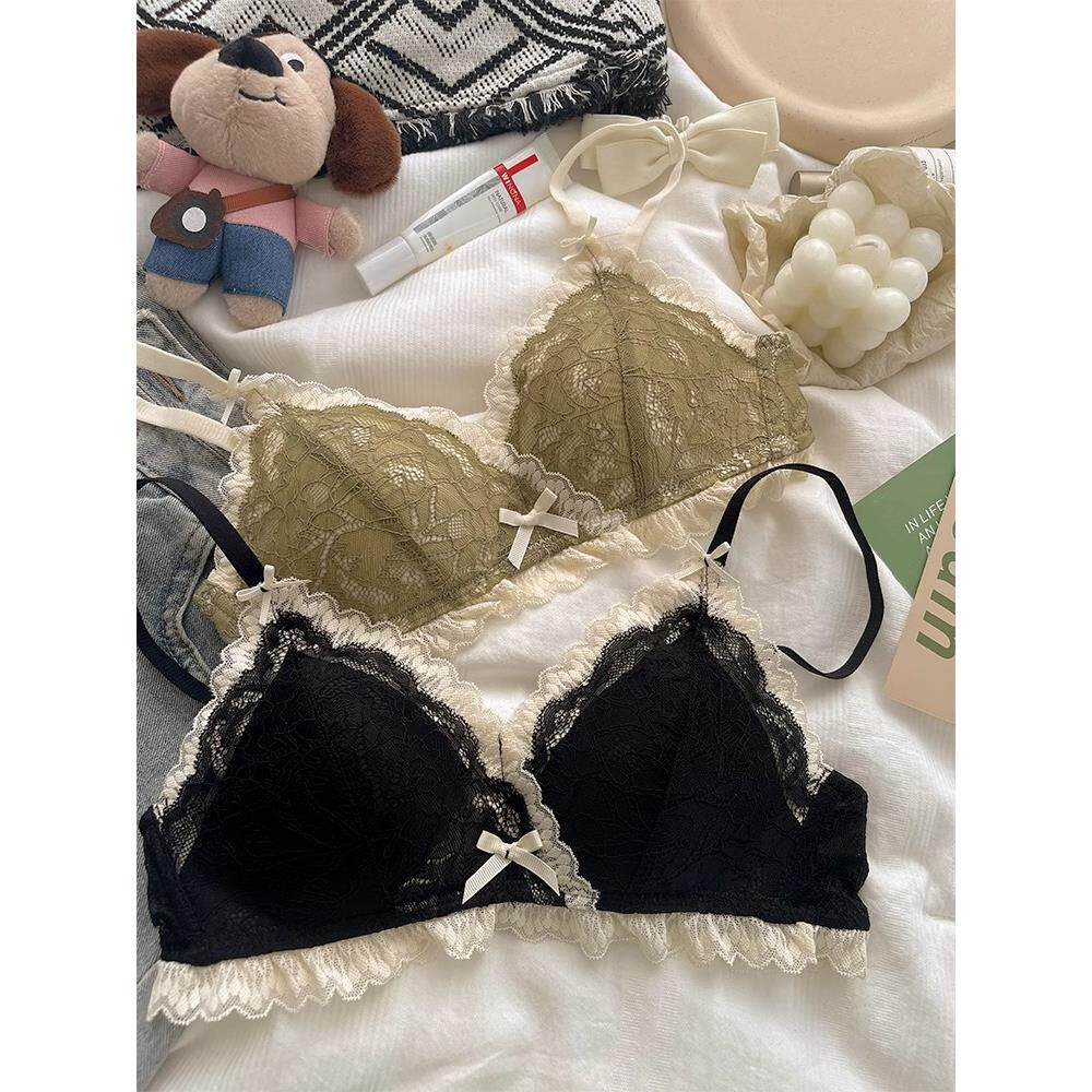 新款日系蕾丝少女内衣薄款显小胸聚拢无钢圈性感三角杯文胸罩套装