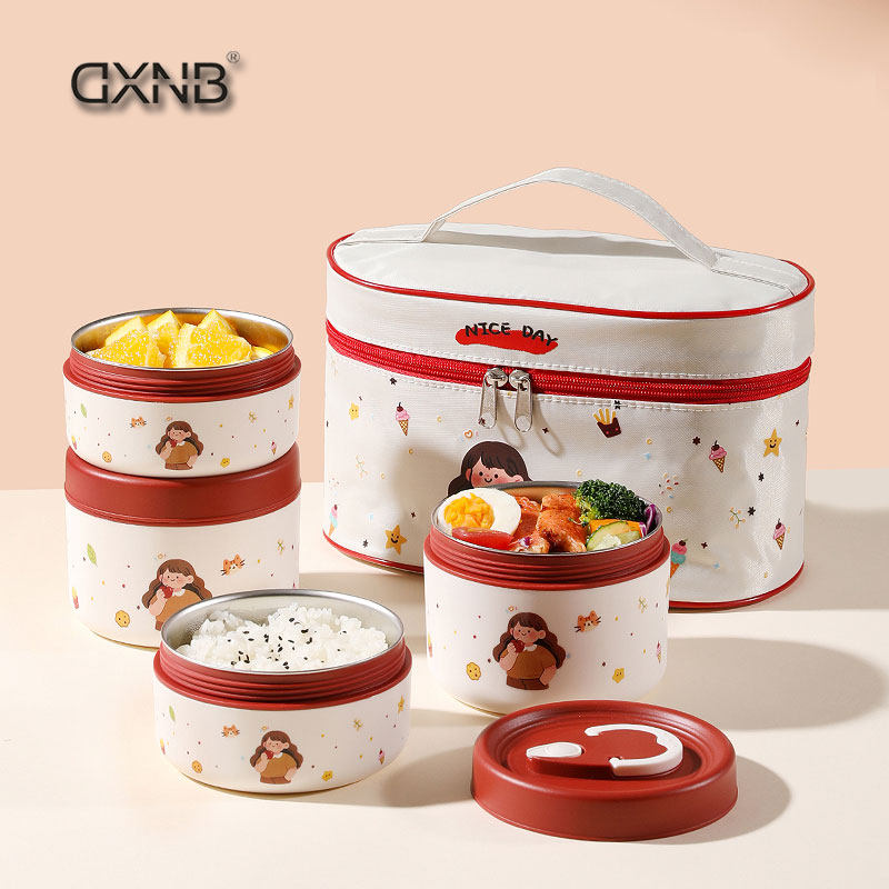 卡通316L不锈钢圆形饭盒便携微波炉保温餐盒套装学生迷你密封汤罐